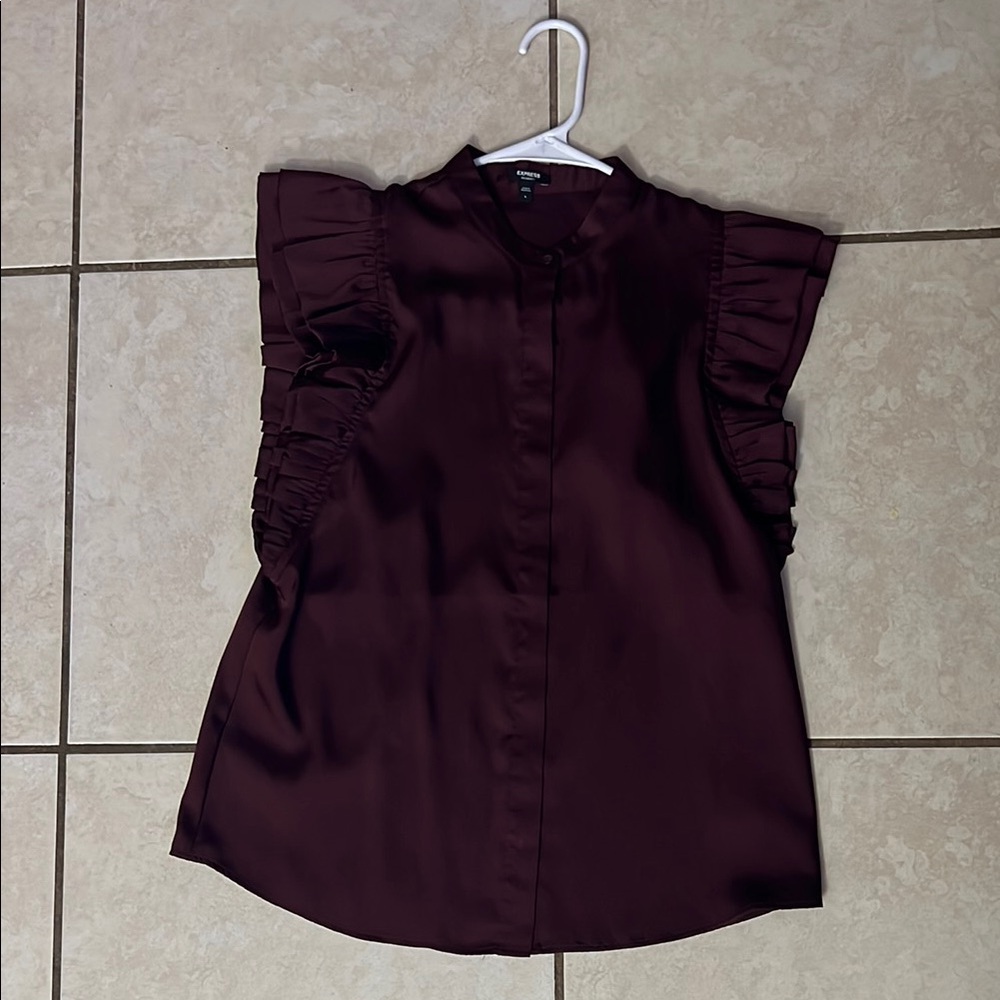 Express Red Flutter Sleeve Blouse with Mandarin Collar